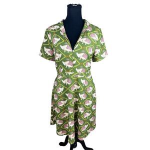 ModCloth 6 green hedgehog critter novelty button up dress fit flare vintage look